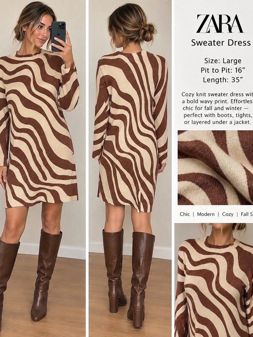 Zara Jacquard Zebra Print Long Sleeve Mini Sweater Dress Size Large